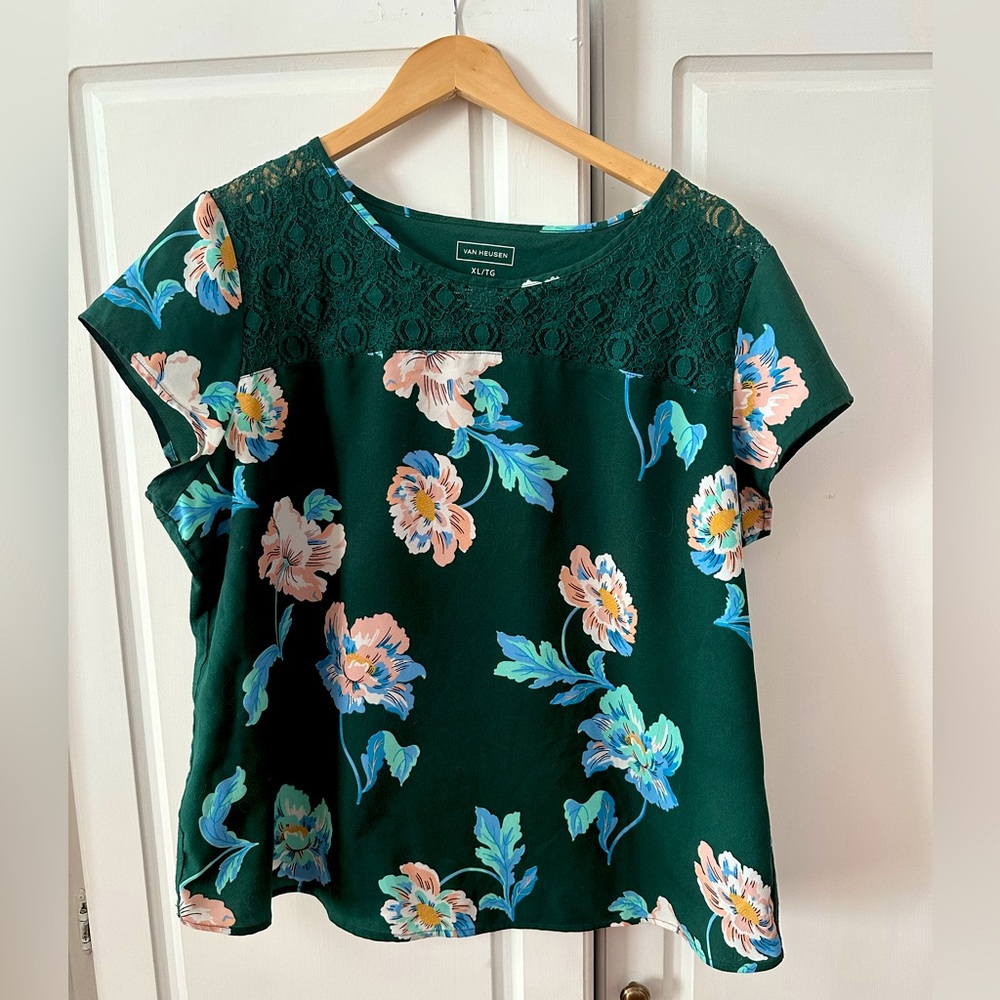 Van Heusen Green Flowered Short Sleeve Blouse, XL